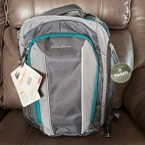 Eddie Bauer First Adventure Places & Spaces Orcas backpack. Gray with teal trim.